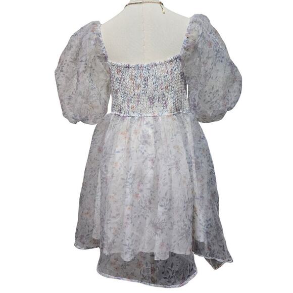NWT Jun & Ivy Women Babydoll Puff Sleeve Floral Mini Dress M Sheer Cottage Fairy - Picture 3 of 9